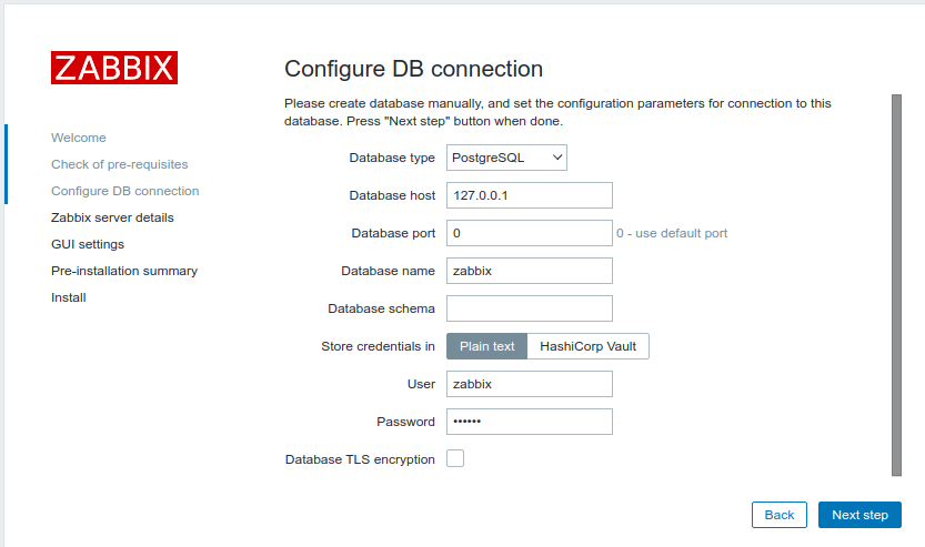 Setting up connection to Zabbix database